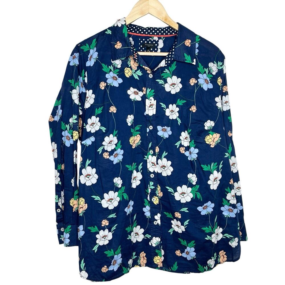 Talbots Floral Print Button Up Shirt Womens Size 1X Navy Coastal
